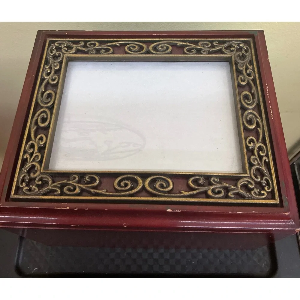 Vintage Wooden Photo Storage Box Ornate Metal Frame Lid Cherry Finish Organizer